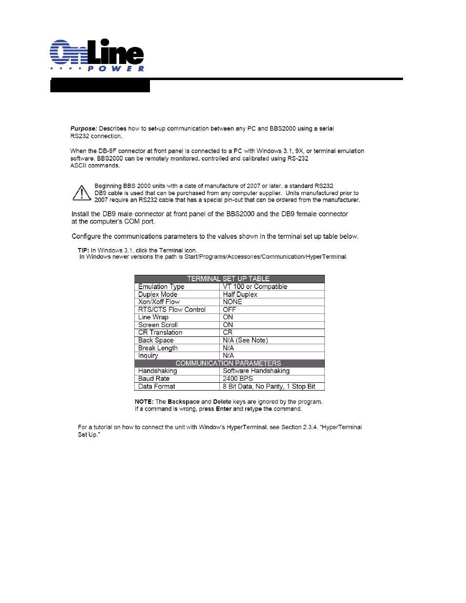 1 rs-232 set-up | OnLine Power Signal Saver IPC User Manual | Page 58 / 122