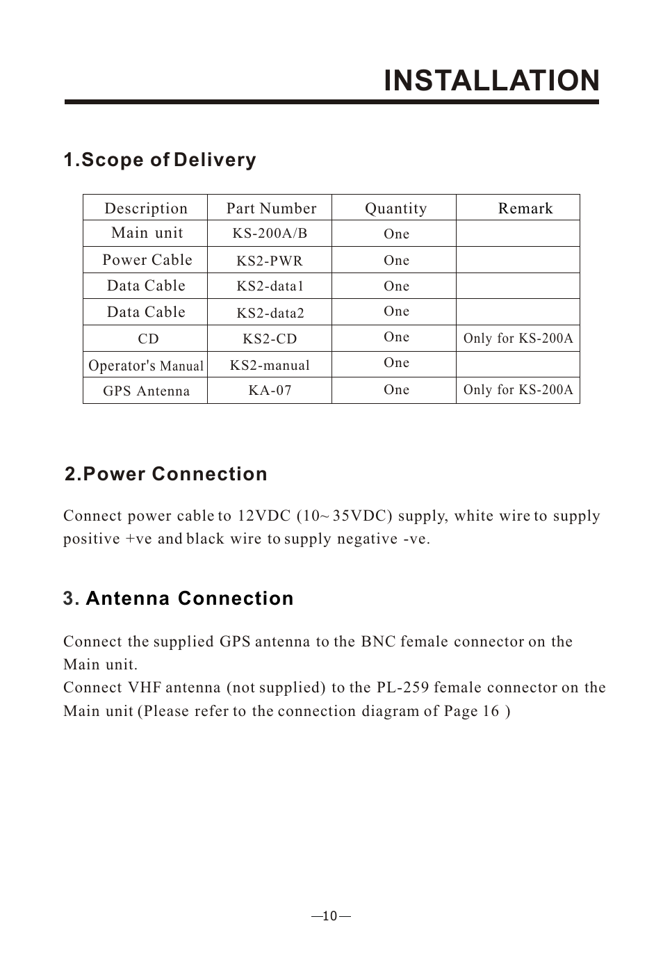 Ò³ãæ 14, Installation, Scope of delivery | Antenna connection, Power connection | Onwa Marine Electronics KS-200A User Manual | Page 14 / 22