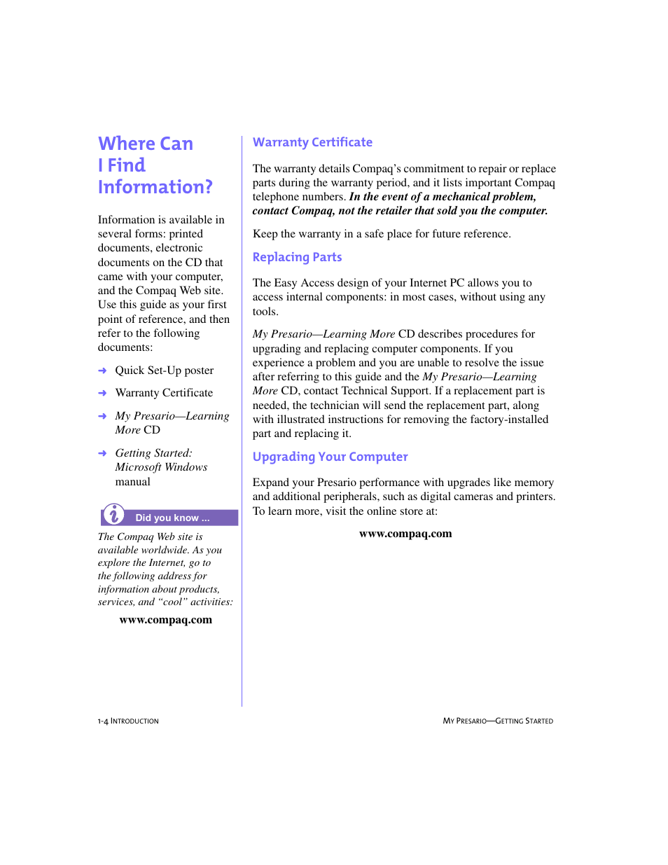 Where can i find information, Where can i find information? -4, Where can i find information?, 1-4 | Warranty certificate, Replacing parts, Upgrading your computer | Compaq 228399-373 User Manual | Page 11 / 73