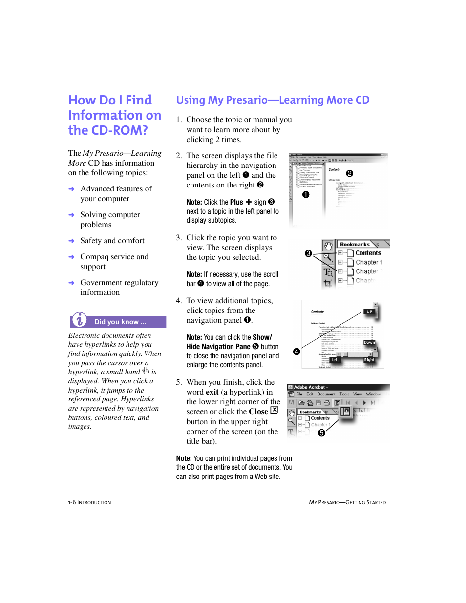 How do i find information on the cdrom, Using my presario—learning more cd, How do i find information on the cd-rom? -6 | Using my presario—learning more cd -6, How do i find information on the cd-rom?, 1-6, How do i find information on the cd-rom | Compaq 228399-373 User Manual | Page 13 / 73