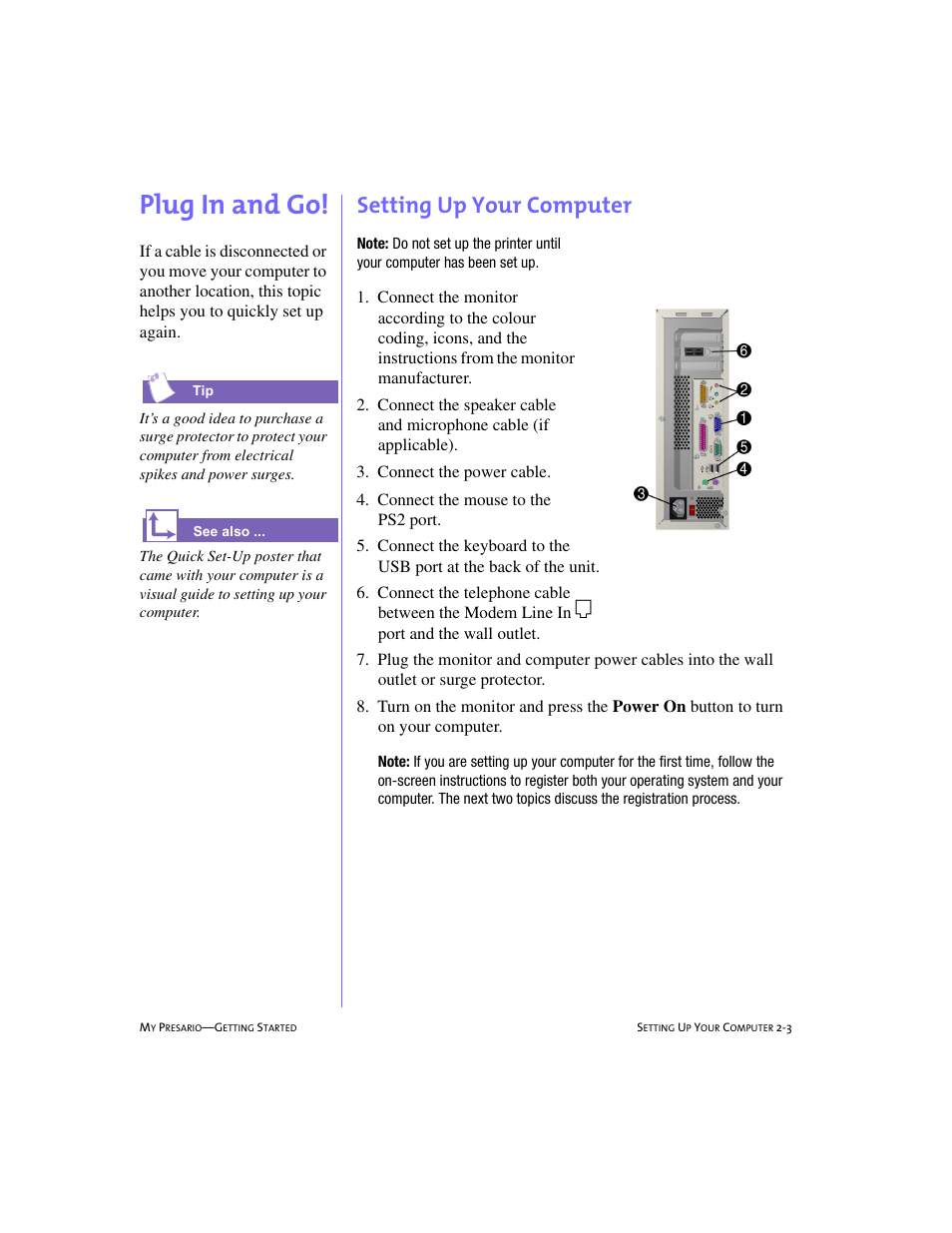 Plug in and go, Setting up your computer, Plug in and go! -3 | Setting up your computer -3, Plug in and go!, 2-3 | Compaq 228399-373 User Manual | Page 16 / 73