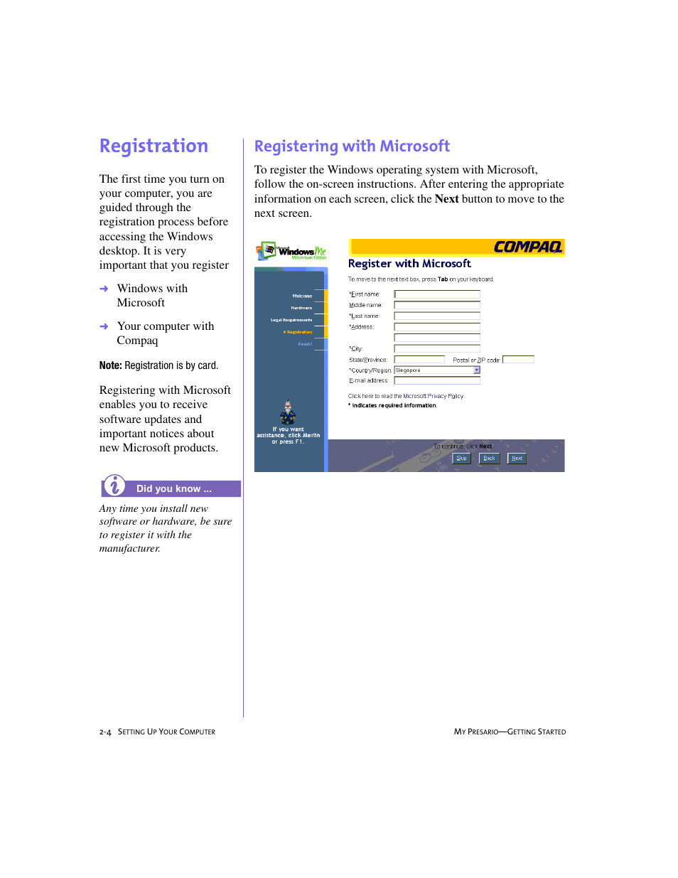 Registration, Registering with microsoft, Registration -4 | Registering with microsoft -4, Removing a disc from a drive -14, Registration, 2-4, Windows with microsoft, Your computer with compaq | Compaq 228399-373 User Manual | Page 17 / 73