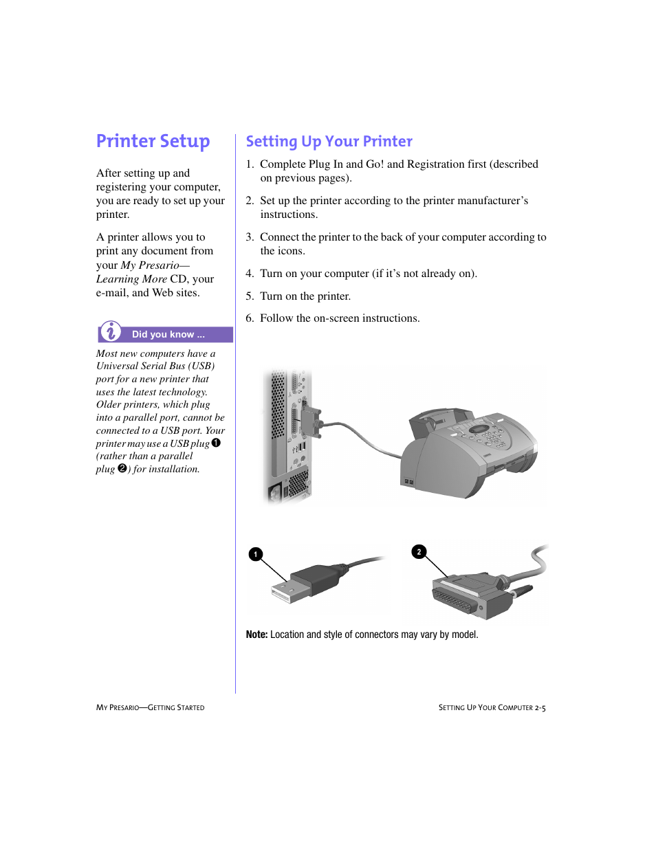 Printer setup, Setting up your printer, Printer setup -5 | Setting up your printer -5, Printer setup, 2-5 | Compaq 228399-373 User Manual | Page 18 / 73