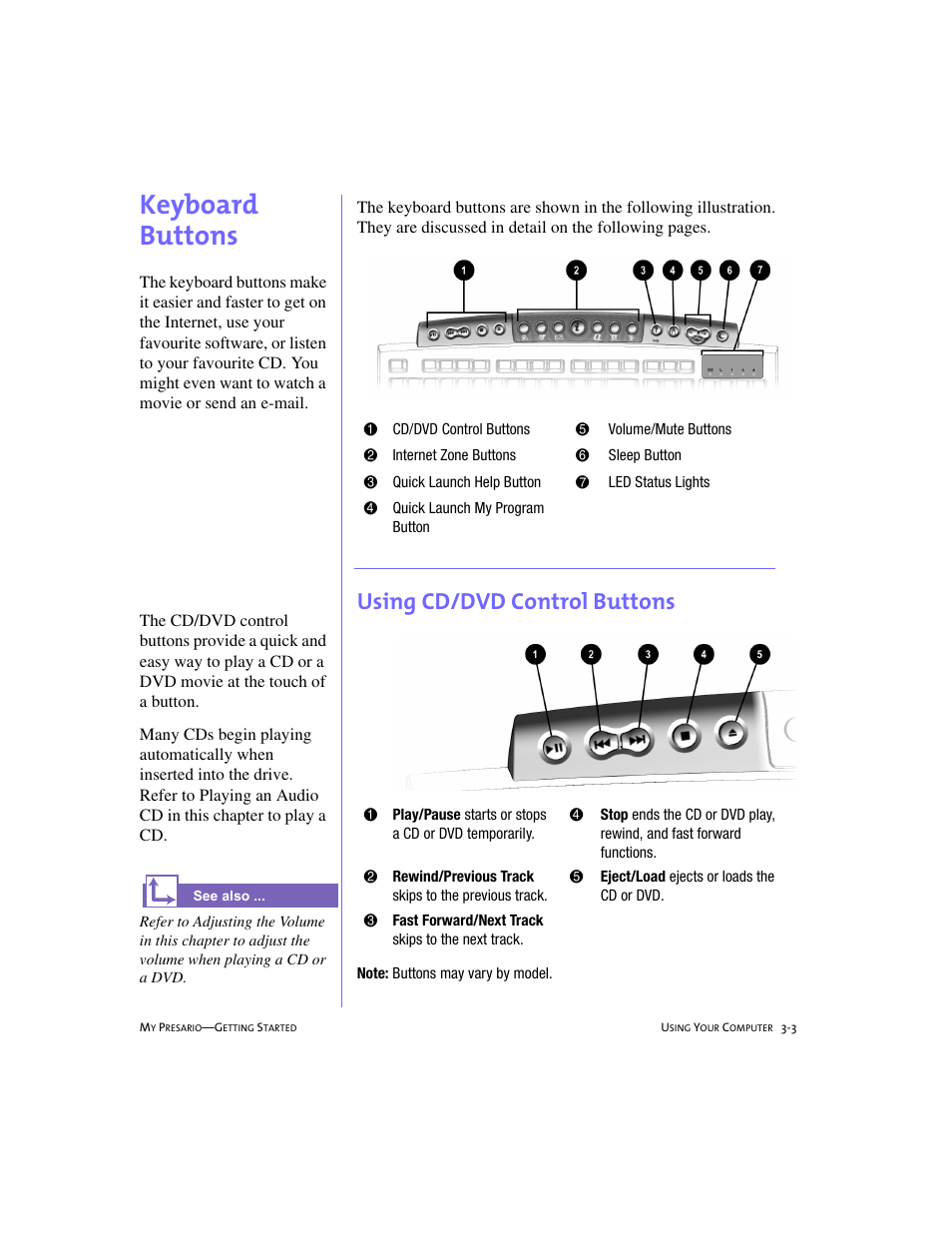 Keyboard buttons, Using cd/dvd control buttons, Keyboard buttons -3 | Using cd/dvd control buttons -3, Keyboard buttons, 3-3 | Compaq 228399-373 User Manual | Page 22 / 73