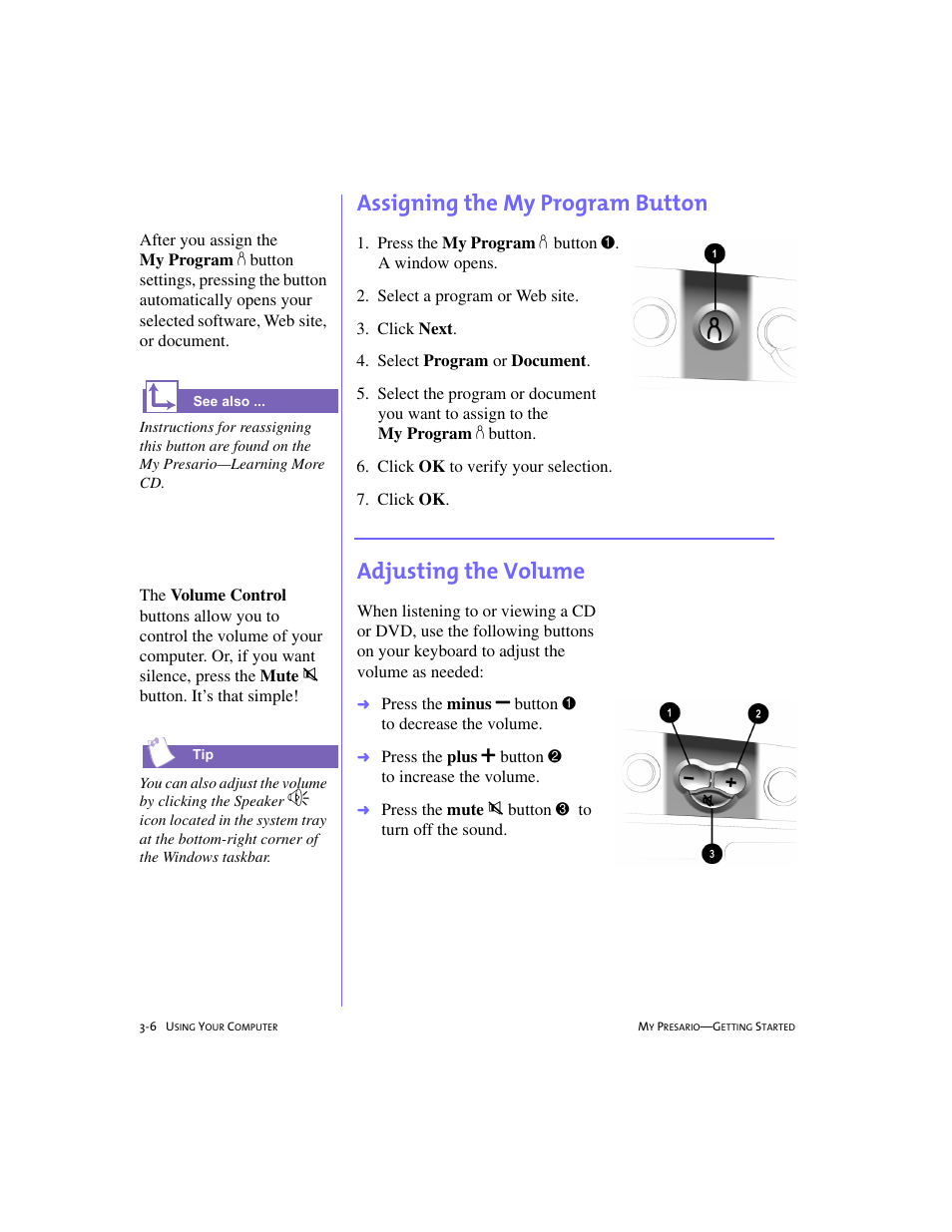 Assigning the my program button, Adjusting the volume, Assigning the my program button -6 | Adjusting the volume -6 | Compaq 228399-373 User Manual | Page 25 / 73