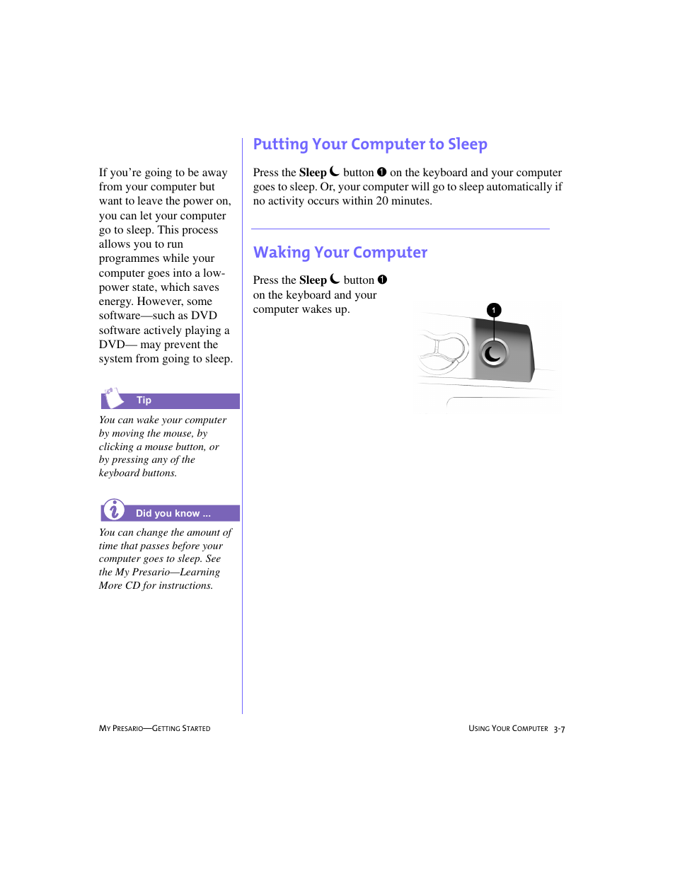 Putting your computer to sleep, Waking your computer, Putting your computer to sleep -7 | Waking your computer -7 | Compaq 228399-373 User Manual | Page 26 / 73