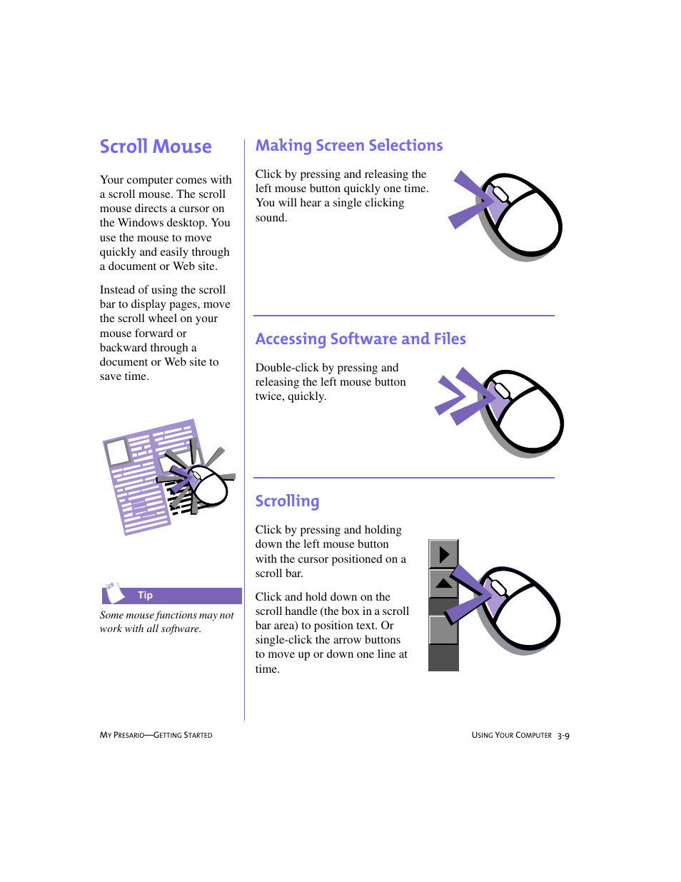 Scroll mouse, Making screen selections, Accessing software and files | Scrolling, Scroll mouse -9, Making screen selections -9, Accessing software and files -9, Scrolling -9, Scroll mouse, 3-9 | Compaq 228399-373 User Manual | Page 28 / 73