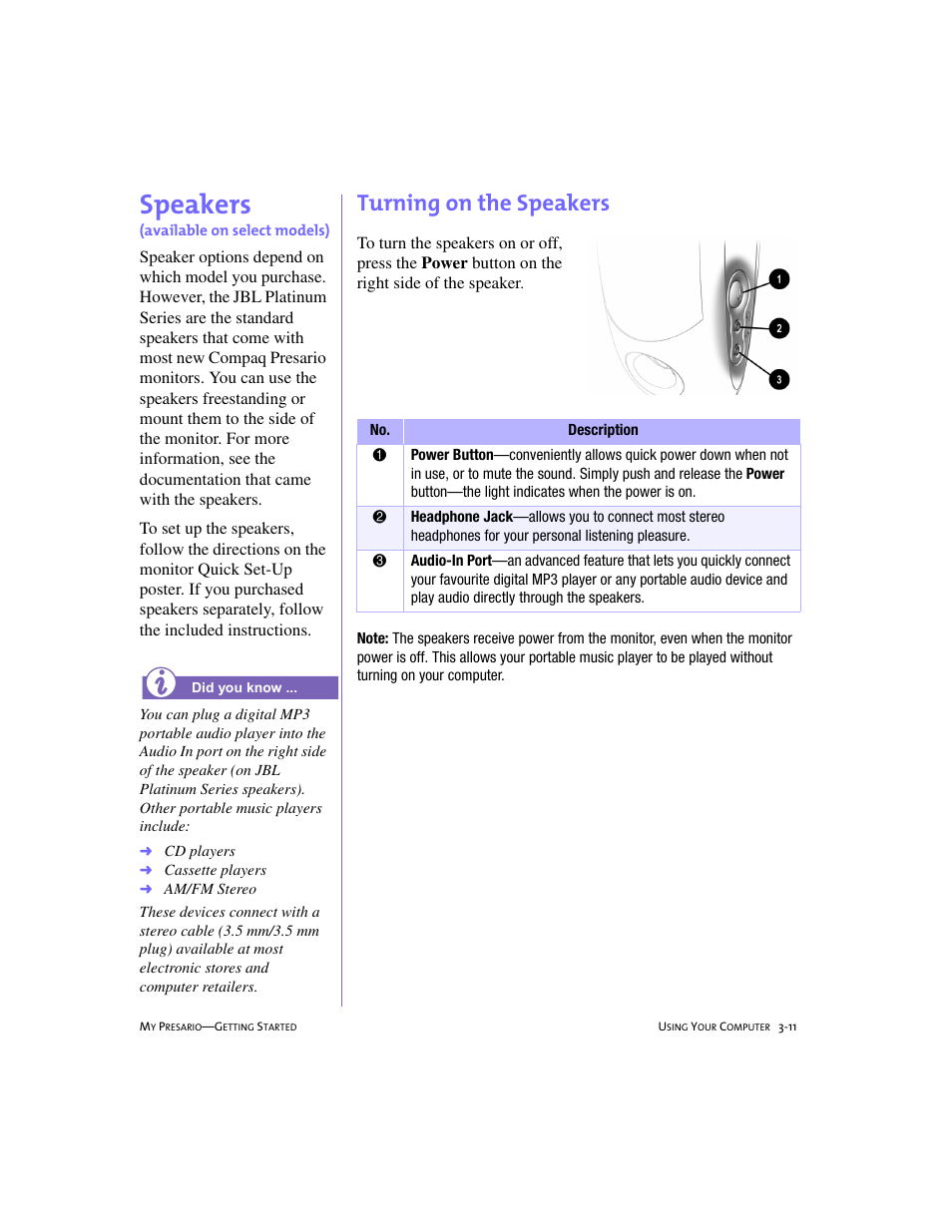 Speakers, Turning on the speakers, Speakers -11 | Turning on the speakers -11, Speakers, 3-11 | Compaq 228399-373 User Manual | Page 30 / 73