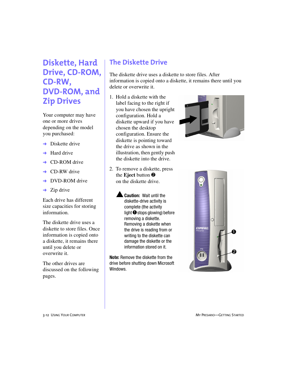 The diskette drive, The diskette drive -12 | Compaq 228399-373 User Manual | Page 31 / 73
