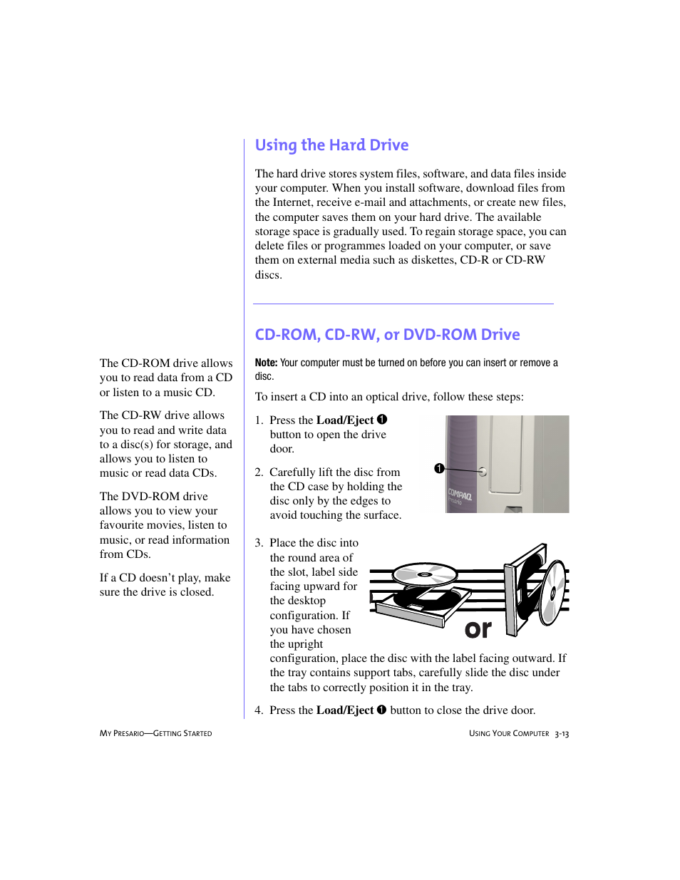 Using the hard drive, Cd-rom, cd-rw, or dvd-rom drive, Using the hard drive -13 | Compaq 228399-373 User Manual | Page 32 / 73