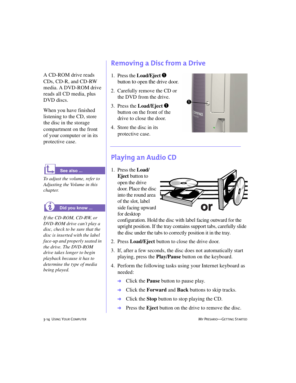 Removing a disc from a drive, Playing an audiocd, Playing an audio cd -14 | Playing an audio cd | Compaq 228399-373 User Manual | Page 33 / 73