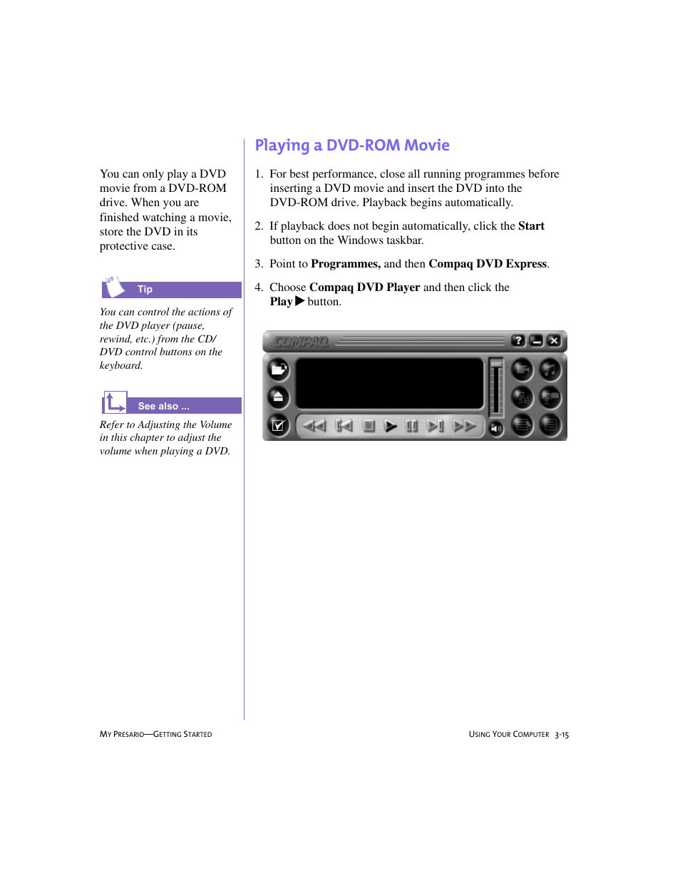 Playing a dvd-rom movie, Playing a dvd-rom movie -15 | Compaq 228399-373 User Manual | Page 34 / 73