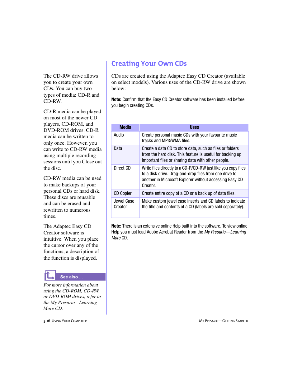Creating your own cds, Creating your own cds -16 | Compaq 228399-373 User Manual | Page 35 / 73