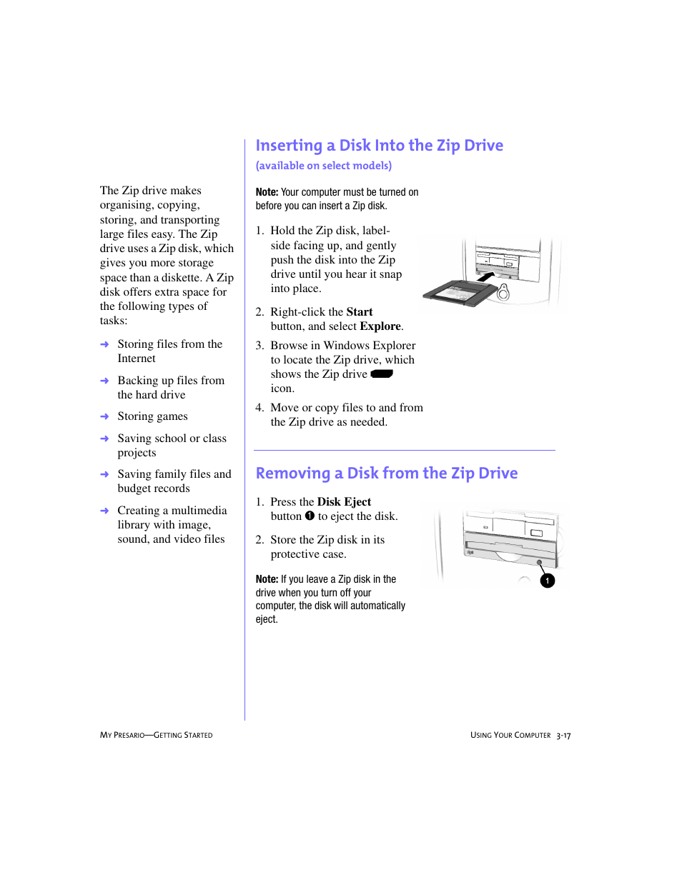 Removing a disk from the zip drive, Inserting a disk into the zip drive, Available on select models) -17 | Removing a disk from the zip drive -17 | Compaq 228399-373 User Manual | Page 36 / 73