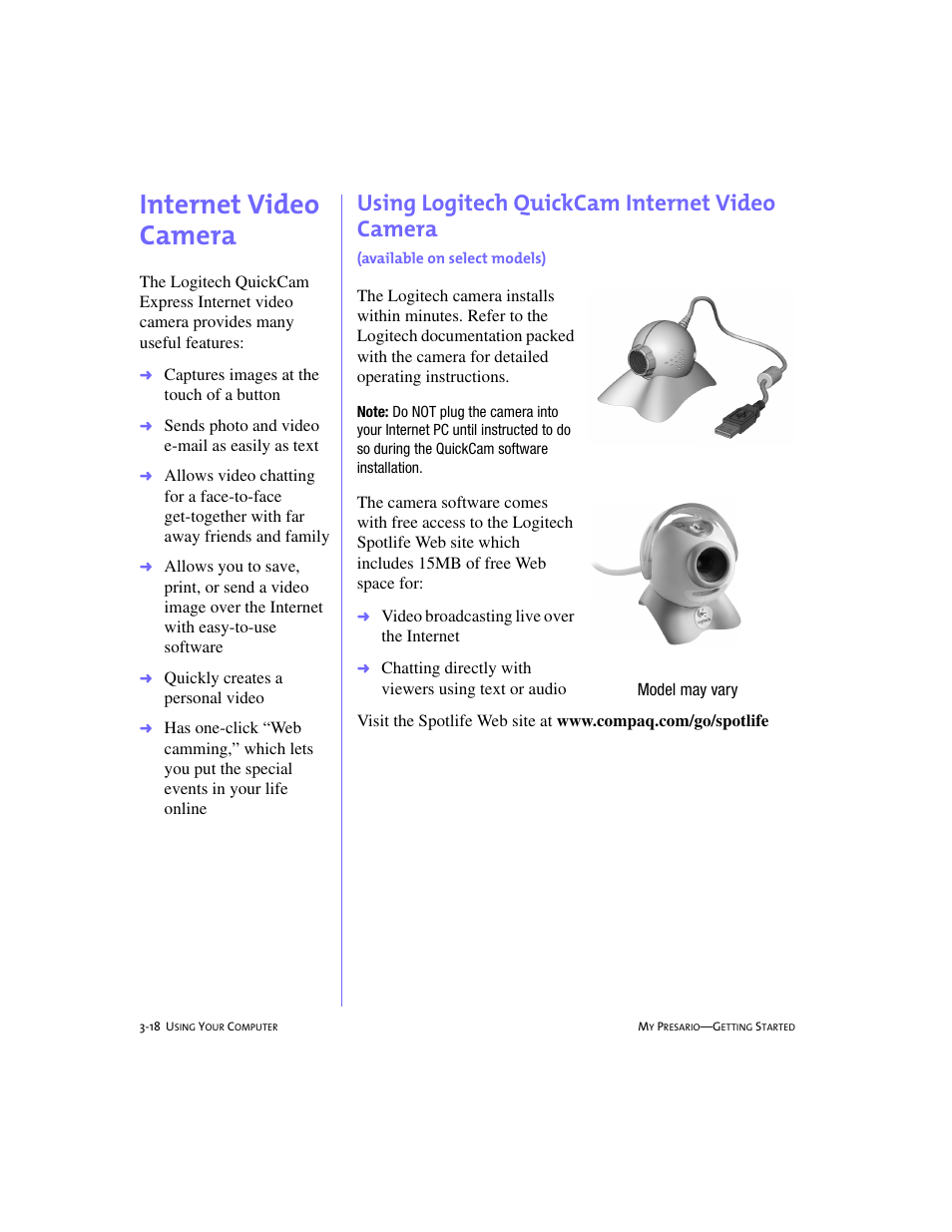 Internet video camera, Internet video camera -18, Using logitech quickcam internet video camera -18 | Internet video camera, 3-18, Using logitech quickcam internet video camera | Compaq 228399-373 User Manual | Page 37 / 73