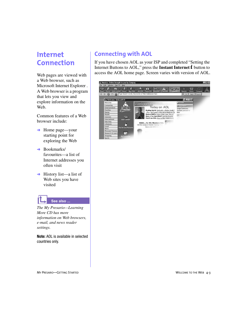 Internet connection, Connecting with aol, Internet connection -3 | Connecting with aol -3, Internet connection, 4-3, History list—a list of web sites you have visited | Compaq 228399-373 User Manual | Page 40 / 73