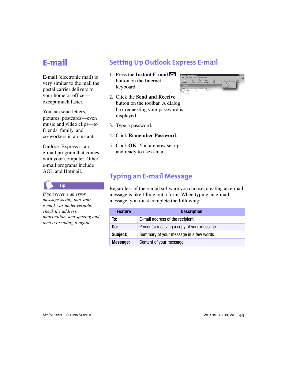 E-mail, Setting up outlook express e-mail, Typing an e-mail message | E-mail -5, Setting up outlook express e-mail -5, Typing an e-mail message -5, E-mail, 4-5 | Compaq 228399-373 User Manual | Page 42 / 73