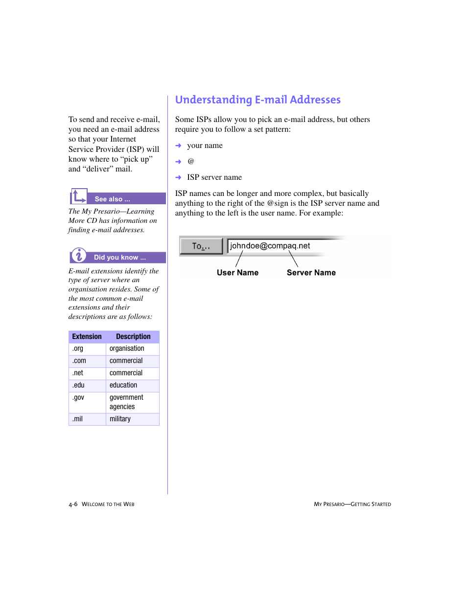 Understanding e-mail addresses, Understanding e-mail addresses -6 | Compaq 228399-373 User Manual | Page 43 / 73