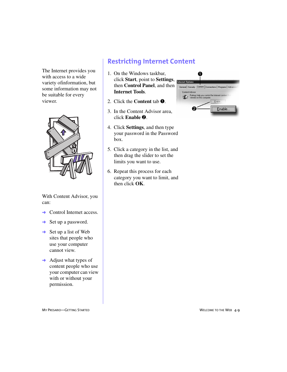 Restricting internet content, Restricting internet content -9 | Compaq 228399-373 User Manual | Page 46 / 73
