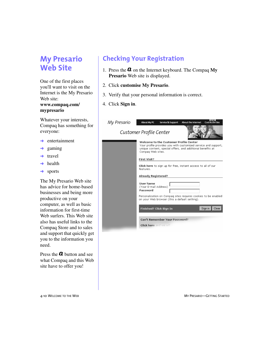 My presario web site, Checking your registration, My presario web site -10 | Checking your registration -10, Power -14, My presario web site, 4-10 | Compaq 228399-373 User Manual | Page 47 / 73