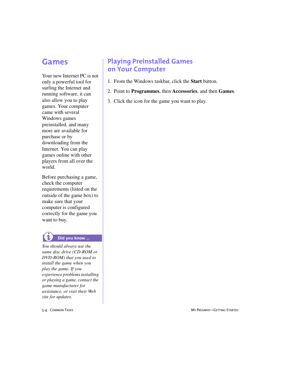 Games, Playing preinstalled games onyourcomputer, Games -4 | Playing preinstalled games on your computer -4, Games, 5-4, Playing preinstalled games on your computer | Compaq 228399-373 User Manual | Page 51 / 73