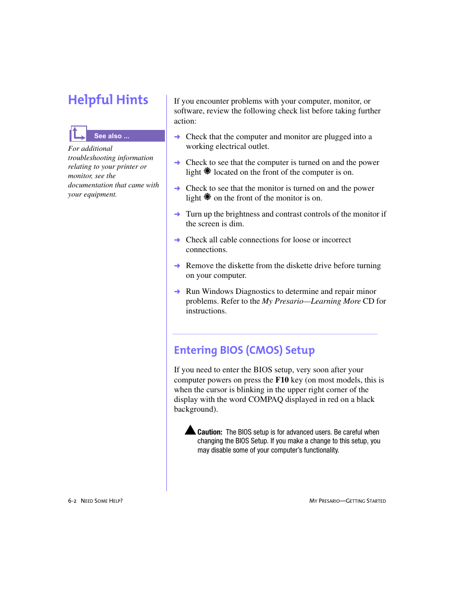 Helpful hints, Entering bios (cmos) setup, Helpful hints -2 | Entering bios (cmos) setup -2, Helpful hints, 6-2 | Compaq 228399-373 User Manual | Page 55 / 73