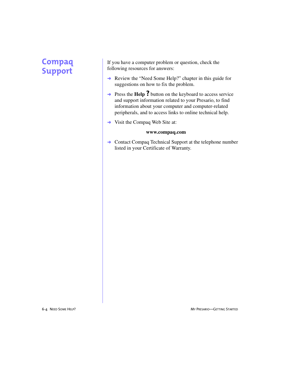 Compaq support, Compaq support -4, Compaq support, 6-4 | Press the help | Compaq 228399-373 User Manual | Page 57 / 73