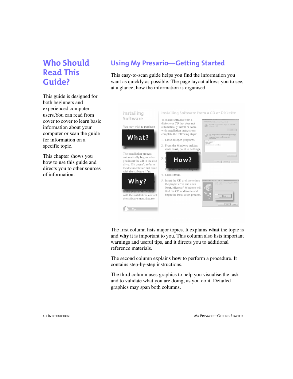 Who should read this guide, Using my presario—getting started, Who should read this guide? -2 | Using my presario—getting started -2, Who should read this guide?, 1-2 | Compaq 228399-373 User Manual | Page 9 / 73