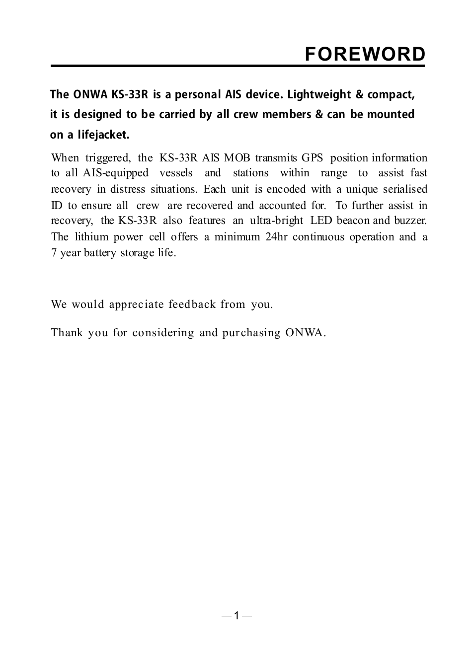 Foreword | Onwa Marine Electronics KS-33R User Manual | Page 3 / 14