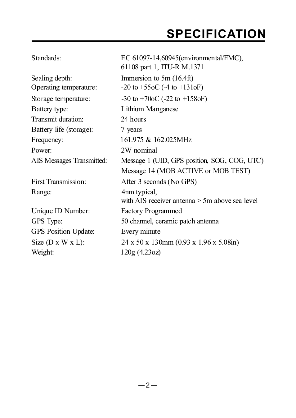 Specification | Onwa Marine Electronics KS-33R User Manual | Page 4 / 14