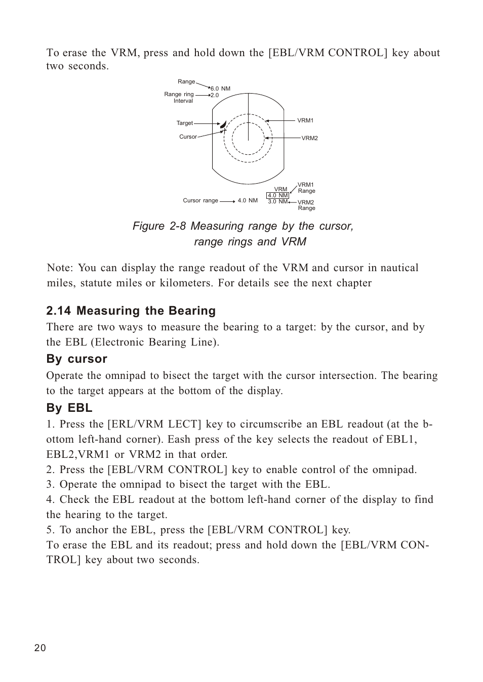 Ò³ãæ 28, 14 measuring the bearing by ebl by cursor | Onwa Marine Electronics KR-1338C v.1 User Manual | Page 28 / 87