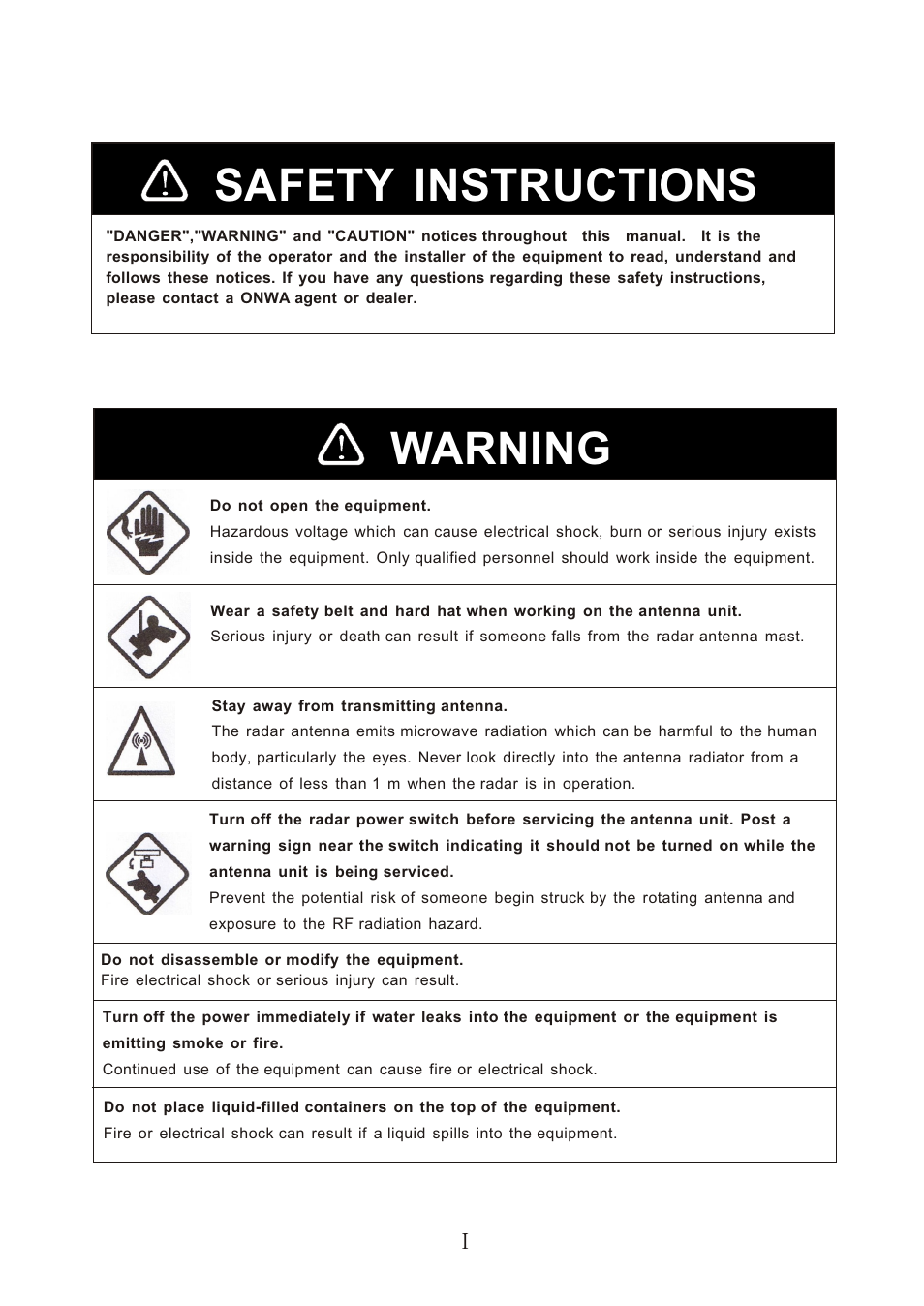 Ò³ãæ 3, Safety instructions, Warning | Onwa Marine Electronics KR-1338C v.1 User Manual | Page 3 / 87