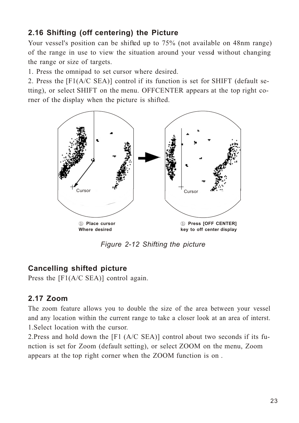 Ò³ãæ 31, 16 shifting (off centering) the picture, Cancelling shifted picture | 17 zoom | Onwa Marine Electronics KR-1338C v.1 User Manual | Page 31 / 87