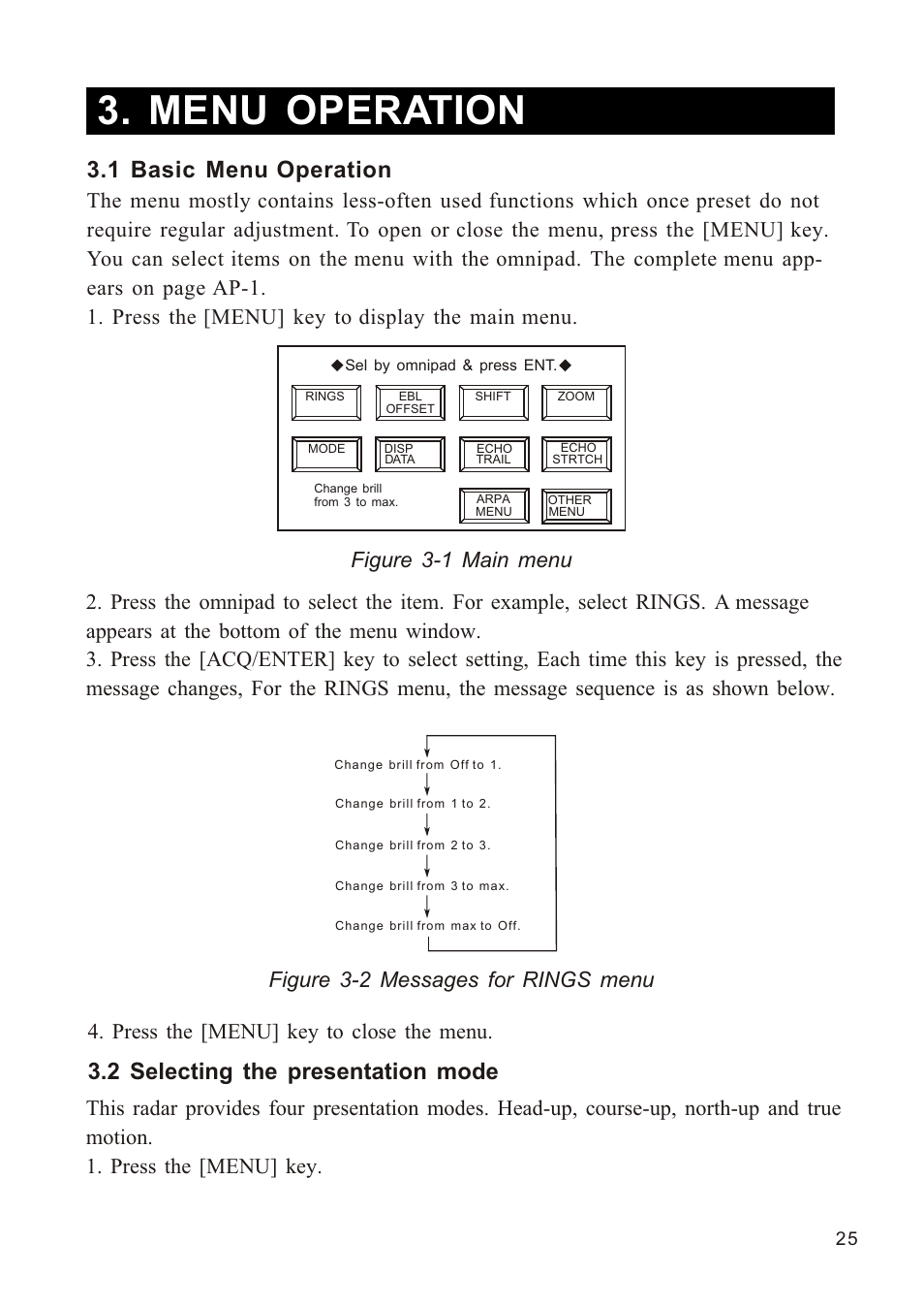 Ò³ãæ 33, Menu operation, 1 basic menu operation | 2 selecting the presentation mode | Onwa Marine Electronics KR-1338C v.1 User Manual | Page 33 / 87