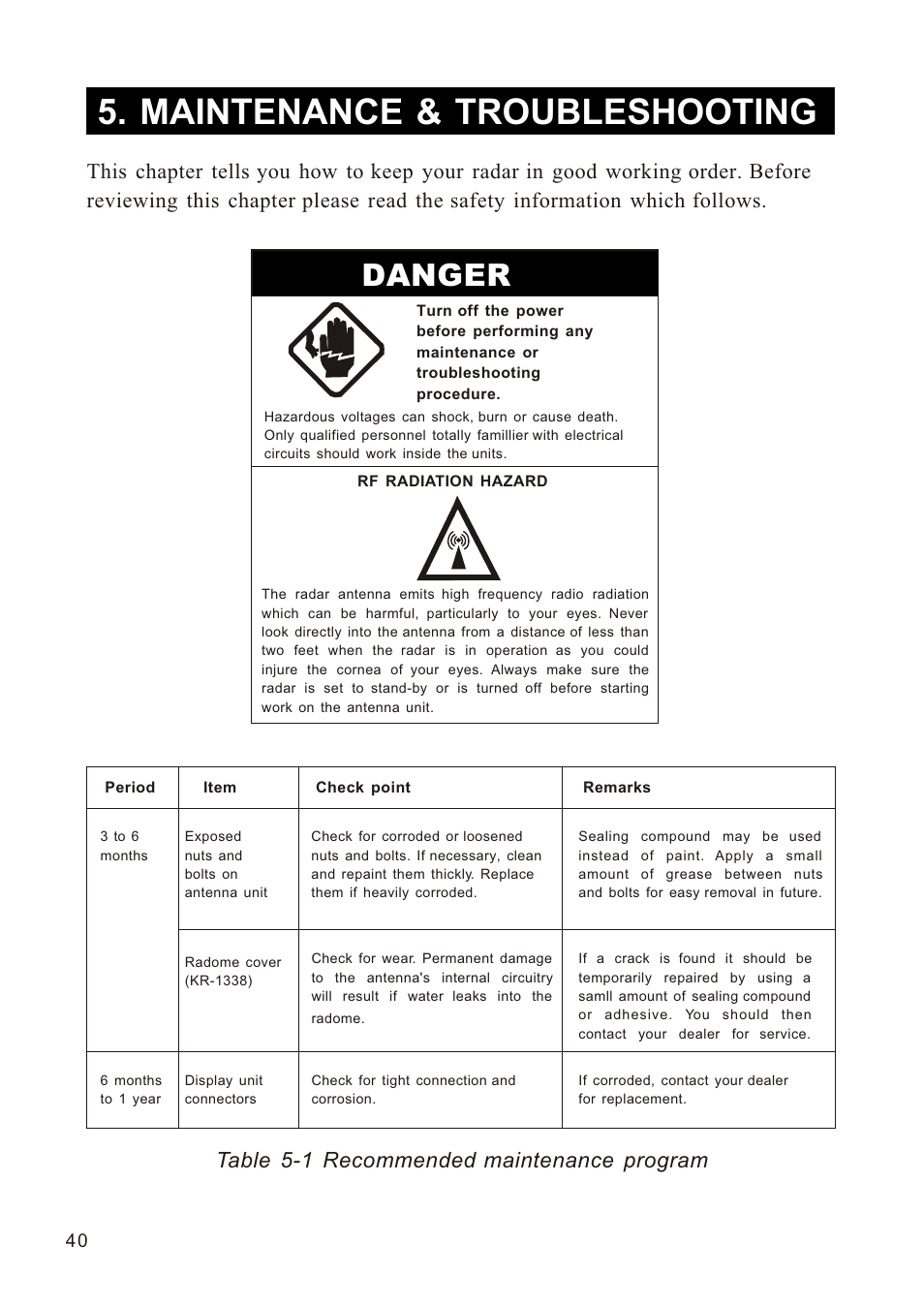 Ò³ãæ 48, Maintenance & troubleshooting, Danger | Table 5-1 recommended maintenance program | Onwa Marine Electronics KR-1338C v.1 User Manual | Page 48 / 87