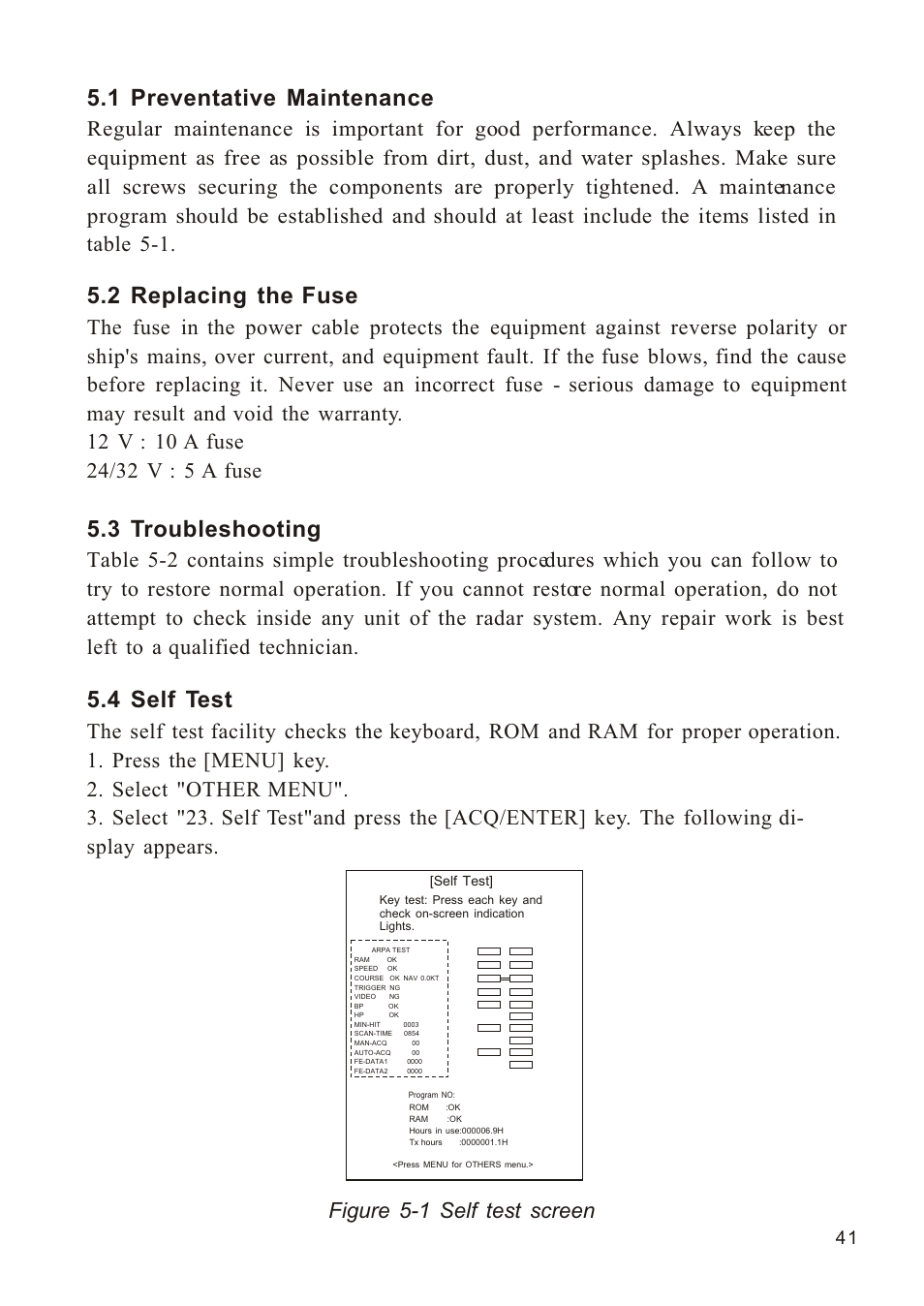 Ò³ãæ 49, 1 preventative maintenance, 2 replacing the fuse | 3 troubleshooting, 4 self test, Figure 5-1 self test screen | Onwa Marine Electronics KR-1338C v.1 User Manual | Page 49 / 87