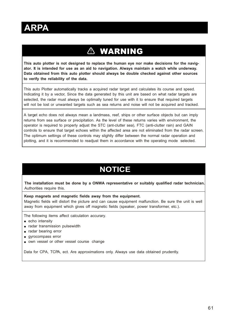 Ò³ãæ 69, Arpa, Warning | Notice | Onwa Marine Electronics KR-1338C v.1 User Manual | Page 69 / 87