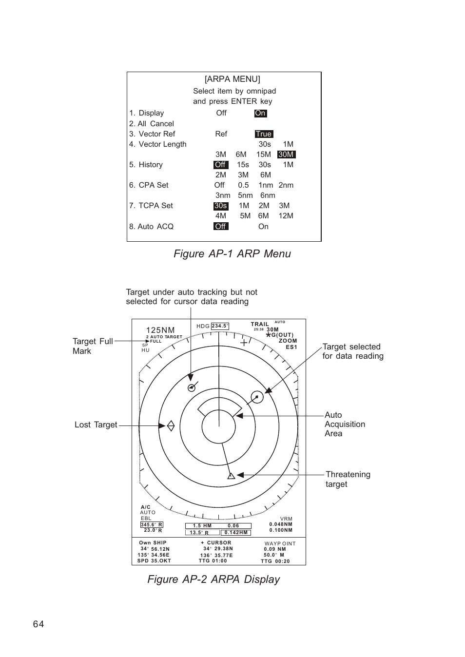 Ò³ãæ 72, Figure ap-2 arpa display, Figure ap-1 arp menu | Arpa menu, Target full mark lost target | Onwa Marine Electronics KR-1338C v.1 User Manual | Page 72 / 87