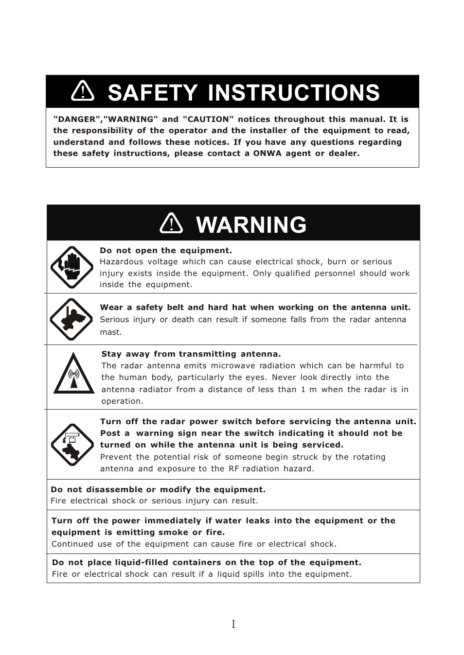 Ò³ãæ 3, Safety instructions, Warning | Onwa Marine Electronics KR-12X8 User Manual | Page 3 / 92