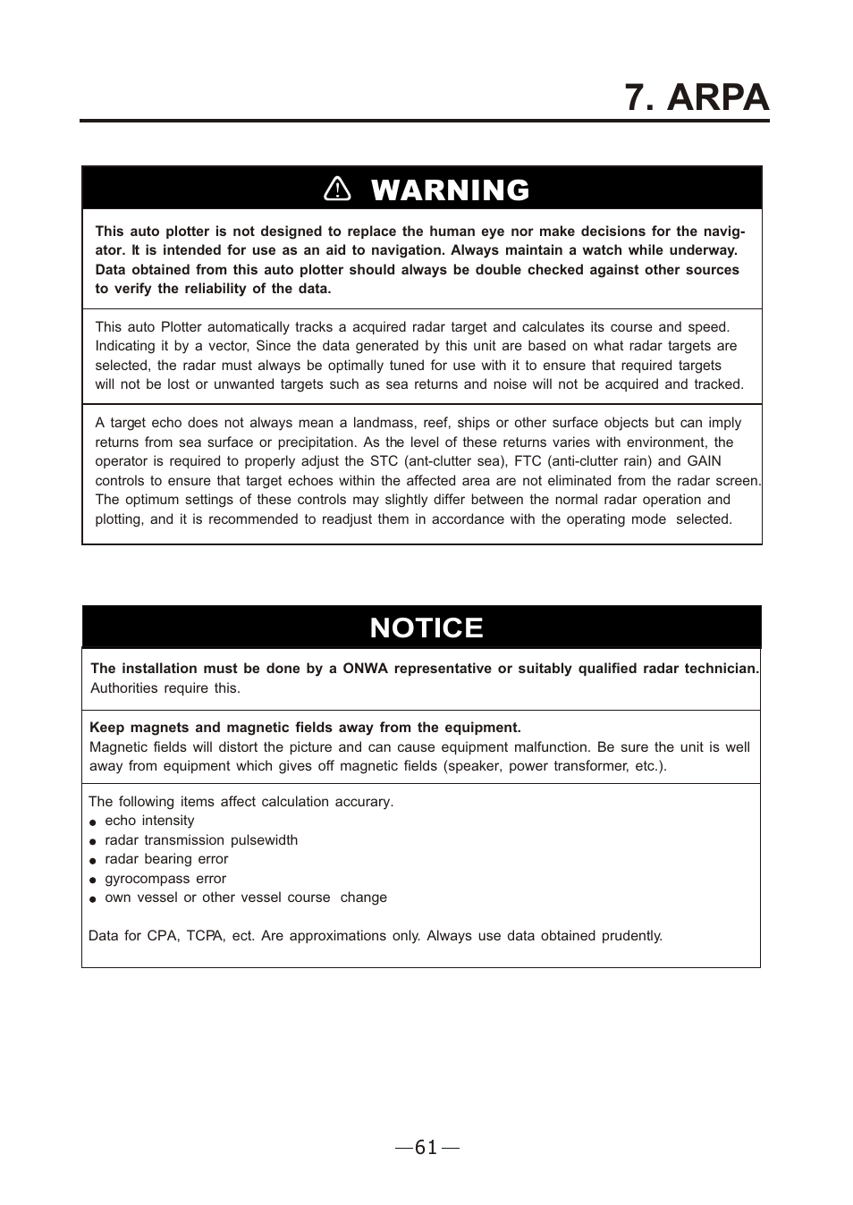 Ò³ãæ 68, Arpa, Warning | Notice | Onwa Marine Electronics KR-12X8 User Manual | Page 68 / 92