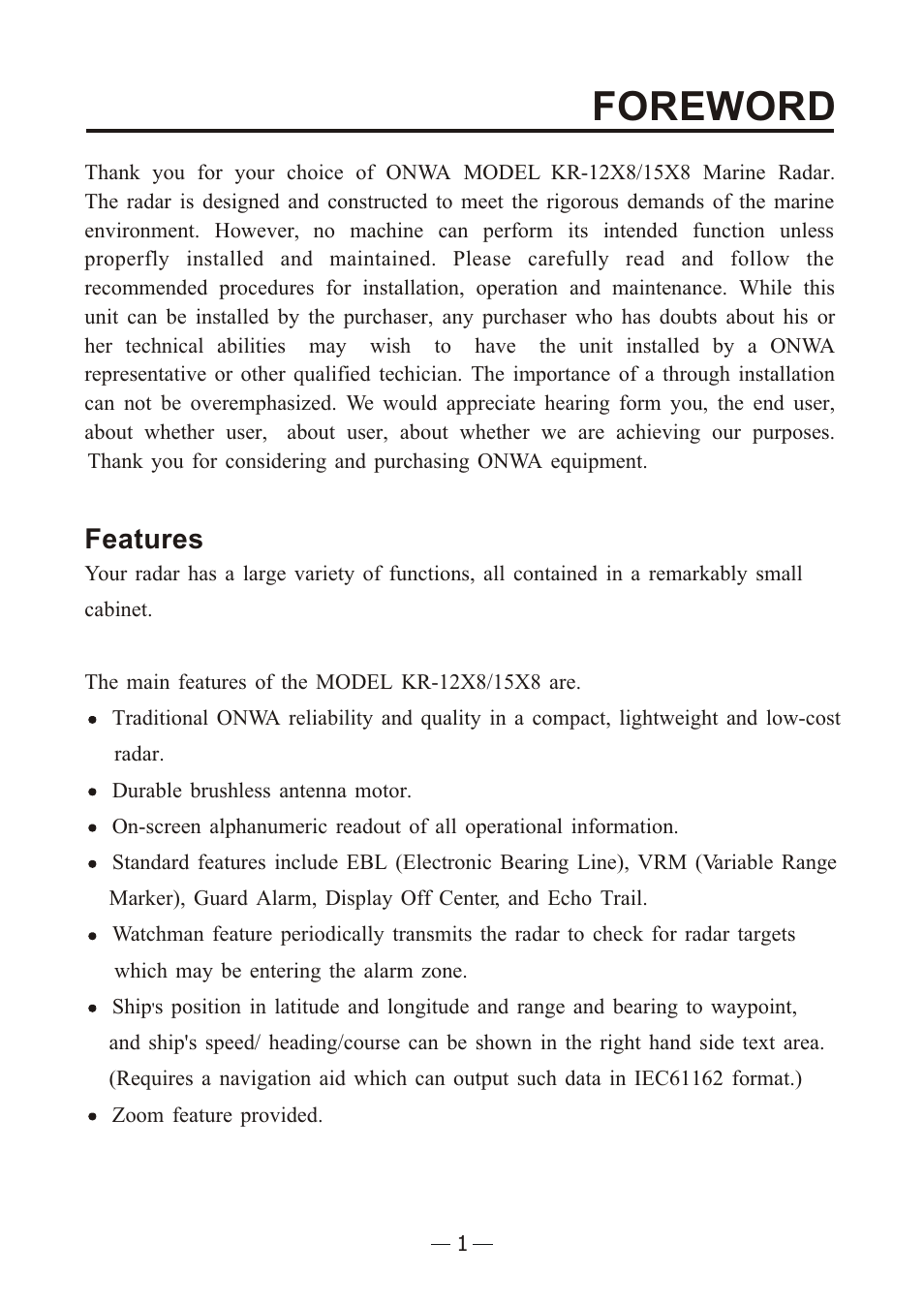 Ò³ãæ 8, Foreword, Features | Onwa Marine Electronics KR-12X8 User Manual | Page 8 / 92