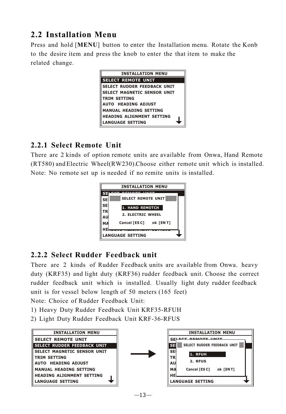 Ò³ãæ 18, 2 installation menu, 1 select remote unit | 2 select rudder feedback unit | Onwa Marine Electronics KAP-866 User Manual | Page 18 / 44