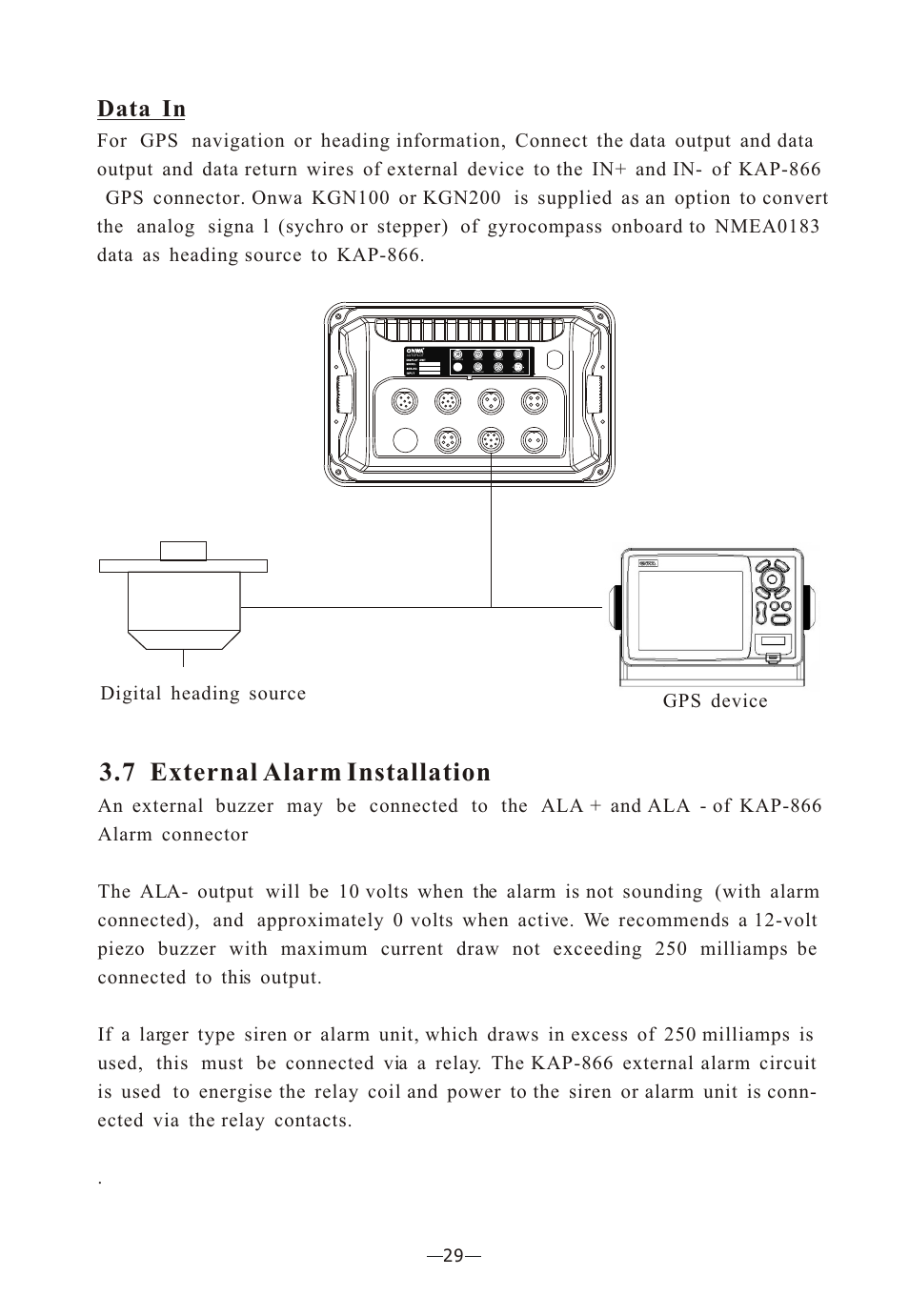 Ò³ãæ 34, 7 external alarm installation, Data in | Onwa Marine Electronics KAP-866 User Manual | Page 34 / 44