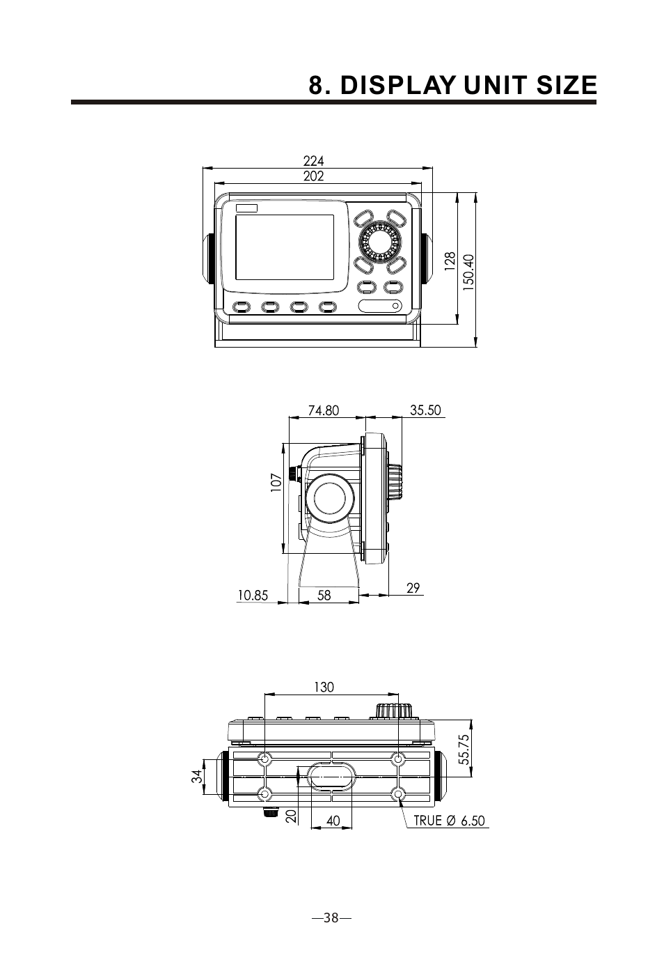 Ò³ãæ 43, Display unit size | Onwa Marine Electronics KAP-866 User Manual | Page 43 / 44
