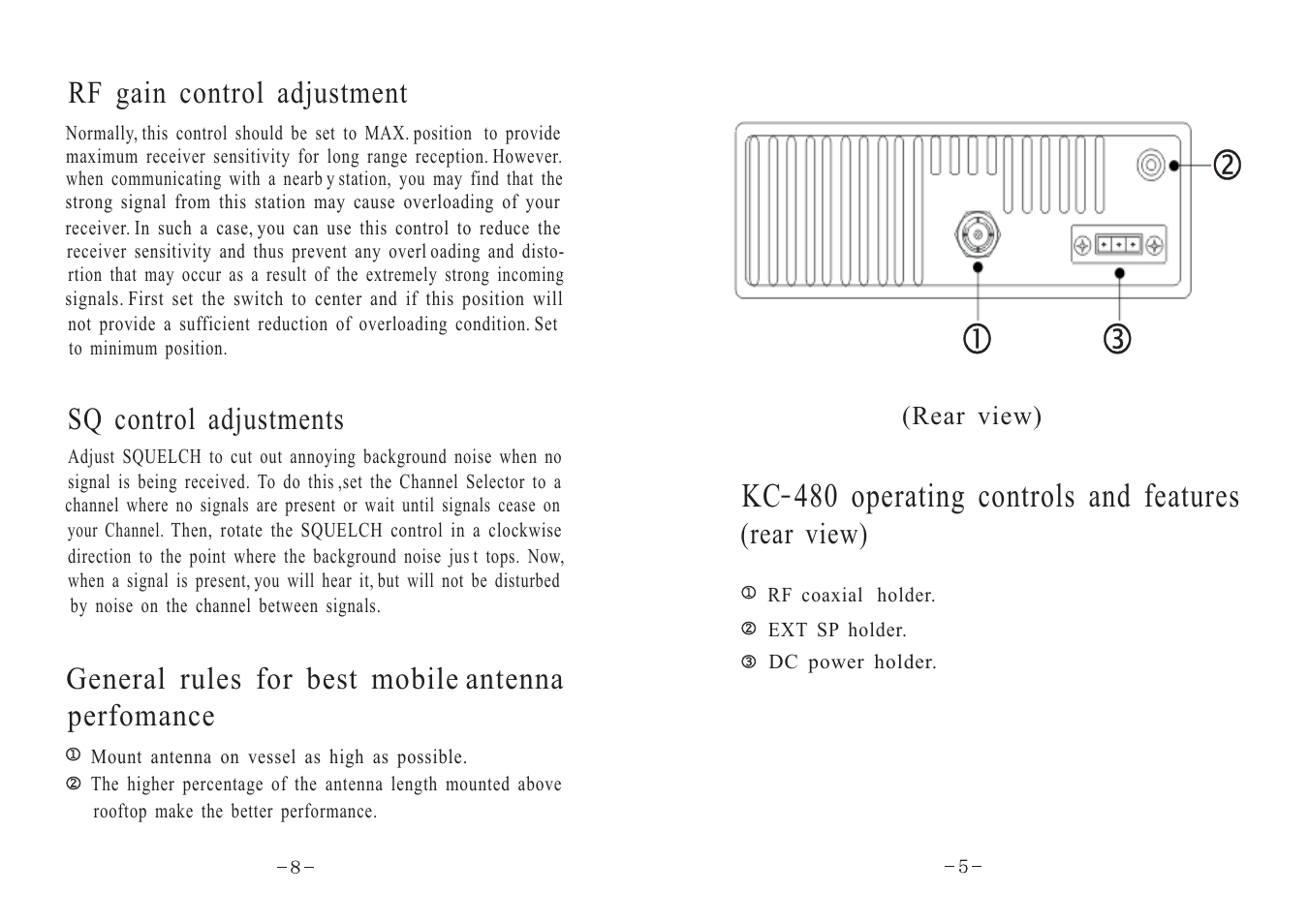 Kc 480 operating controls and features, Sq control adjustments, General rules for best mobile antenna perfomance | Rf gain control adjustment, Rear view) | Onwa Marine Electronics KC-480 User Manual | Page 4 / 8