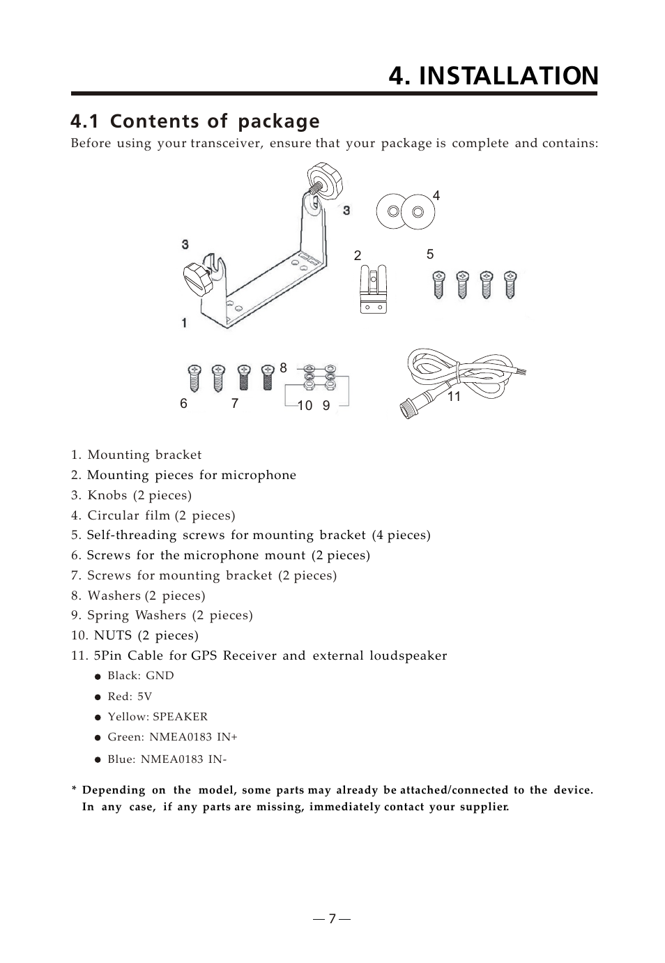 Ò³ãæ 11, Installation, 1 contents of package | Onwa Marine Electronics KV-300 User Manual | Page 11 / 38