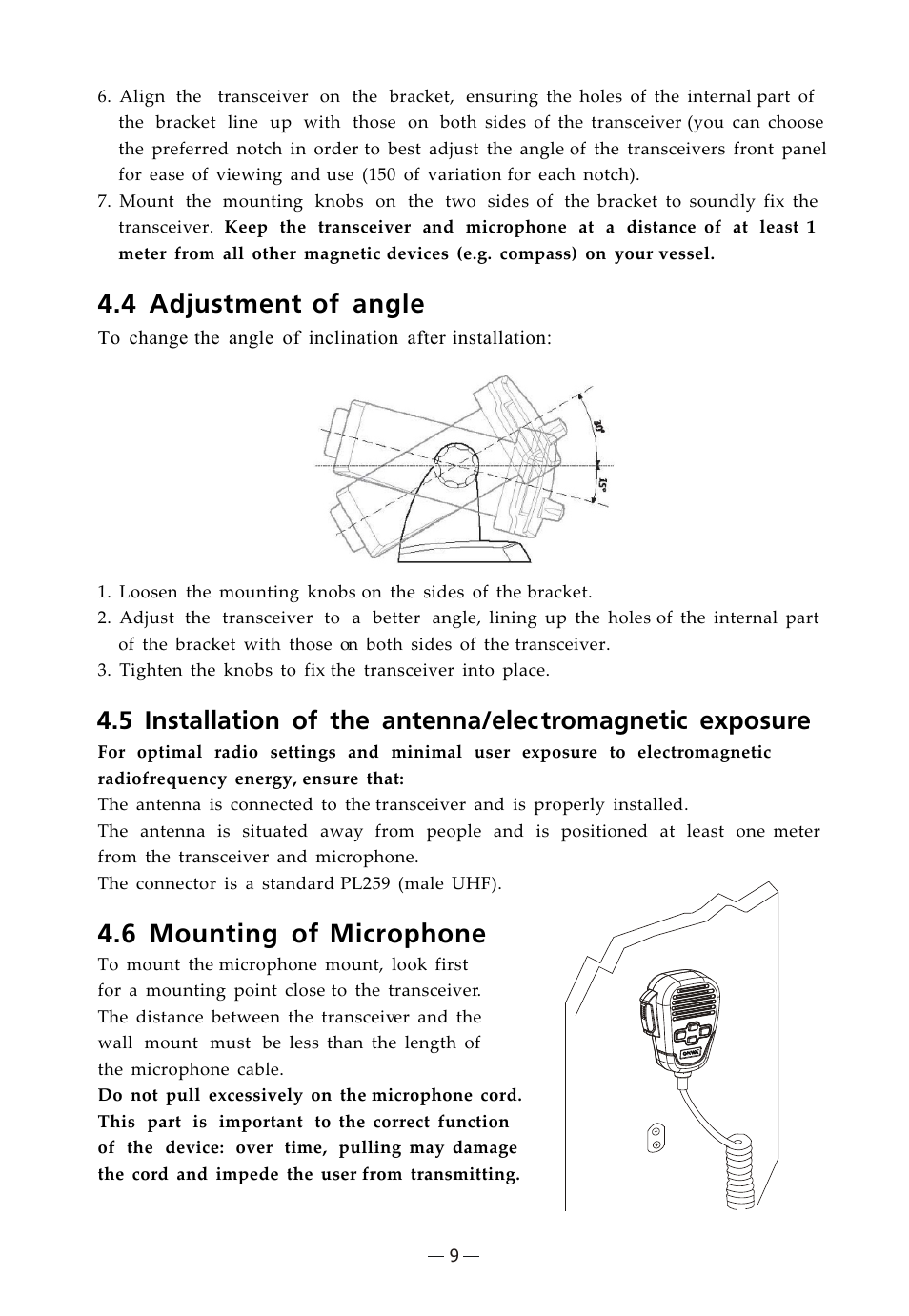 Ò³ãæ 13, 4 adjustment of angle, 6 mounting of microphone | Onwa Marine Electronics KV-300 User Manual | Page 13 / 38