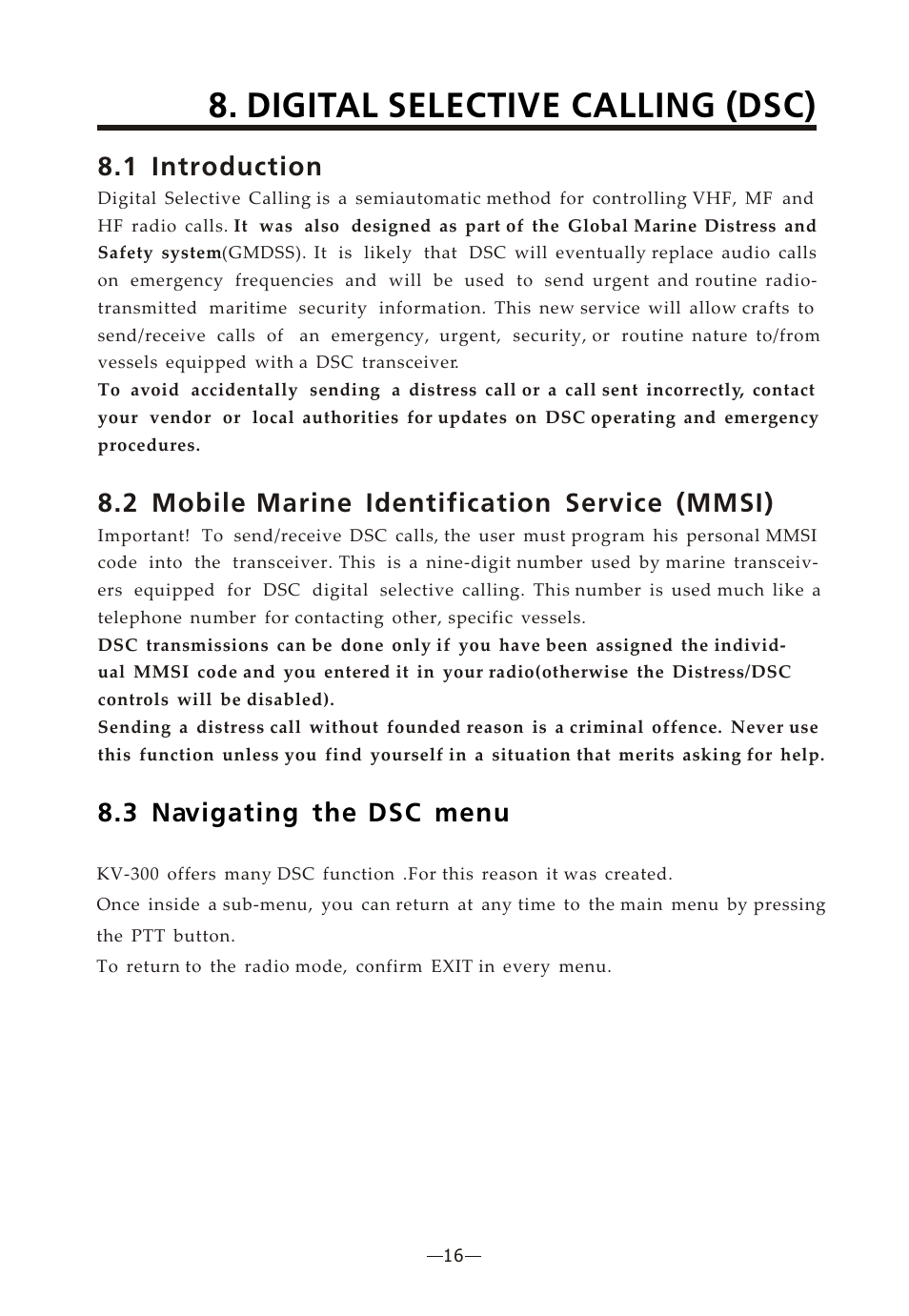 Ò³ãæ 20, Digital selective calling (dsc), 1 introduction | 2 mobile marine identification service (mmsi), 3 navigating the dsc menu | Onwa Marine Electronics KV-300 User Manual | Page 20 / 38