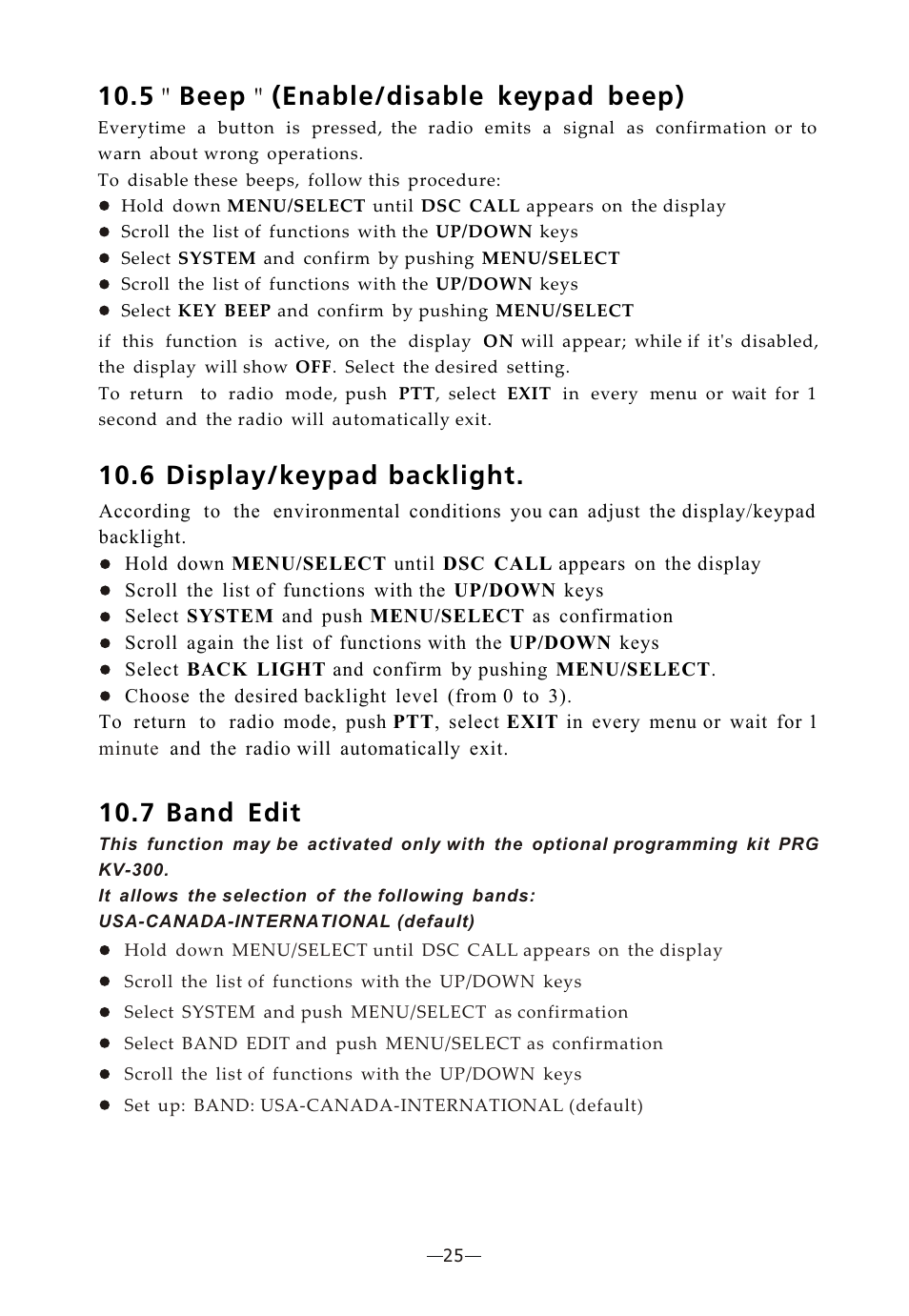 Ò³ãæ 29, 6 display/keypad backlight, 7 band edit | 5 beep (enable/disable keypad beep) | Onwa Marine Electronics KV-300 User Manual | Page 29 / 38