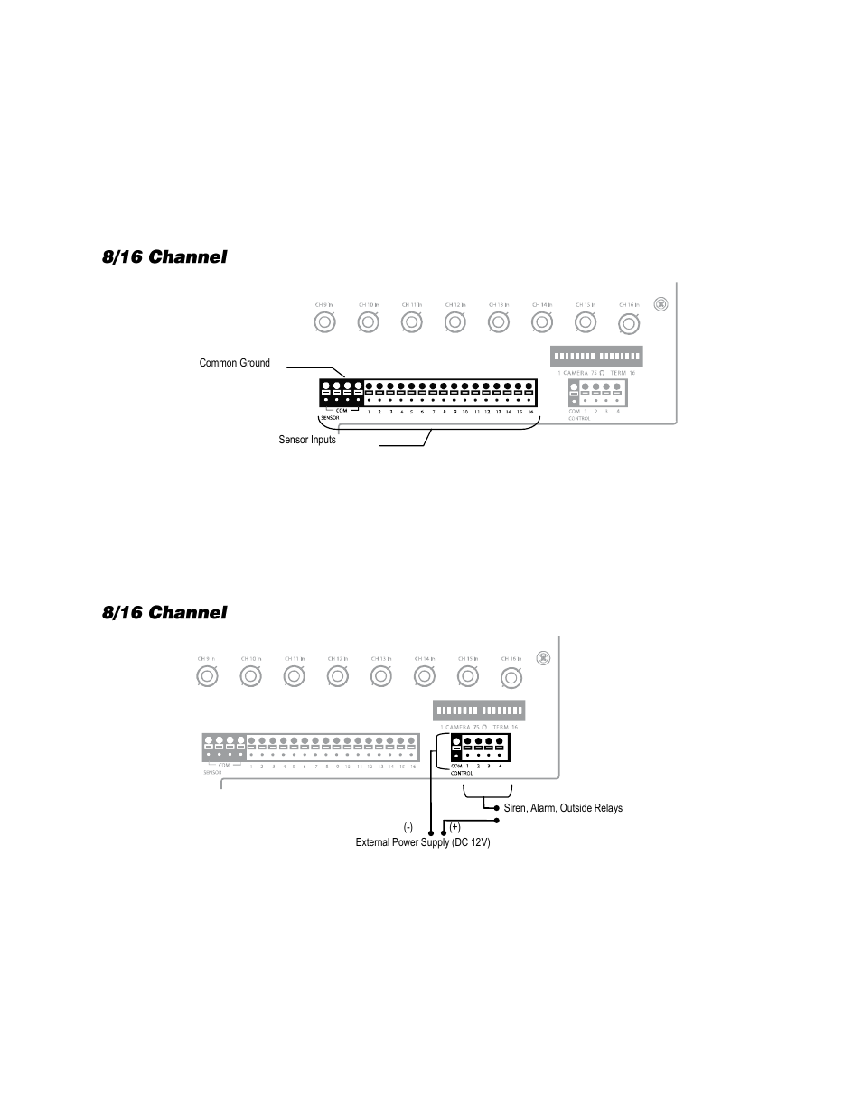 Connecting sensors, 8/16 channel, Connecting control outputs | OpenEye Gen6 X-Series User Manual | Page 29 / 123